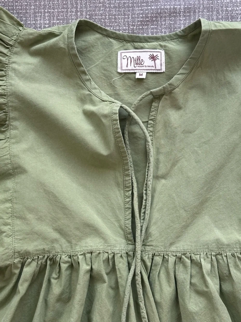 Millie Resort & Travel Olive Green Puff Sleeve Babydoll Dress Medium - Picture 10 of 14